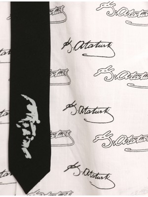 Koton Erkek Çocuk Atatürk İmzası Baskılı Klasik Yaka Kısa Kollu Kravat Detaylı Gömlek