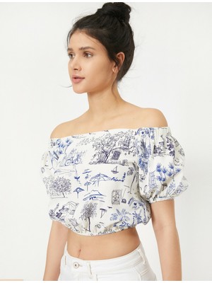 Koton Kadın Omuz Dekolteli Kısa Kollu Keten Karışımlı Crop Bluz