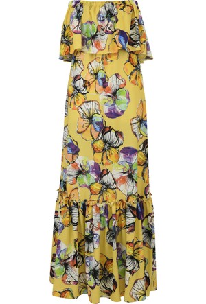 Sari Lila Cicekli V Yaka Elbise Bade Butik