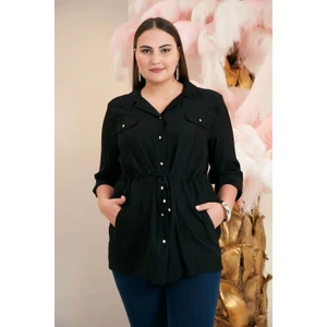 Bel Bağcık Detaylı Büyük Beden Siyah Keten Ceket