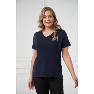 V Yaka Büyük Beden Lacivert T-Shirt