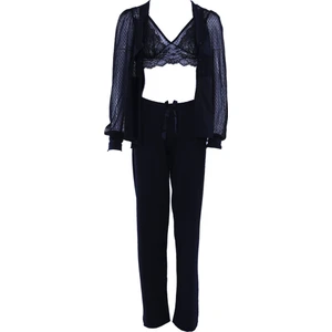 Dantelli Bralet Pantolon Sabahlık Üçl'ü Takım  Siyah