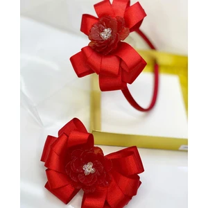 Queen Accessories Kırmızı   2'li  Çiçek Broşlu Anne Kız Çocuk Bebek Kombin Saten Taç Toka Seti