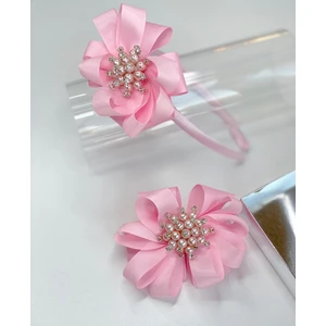 Queen Accessories Pembe 2'li  Inci Taş  Broşlu Anne Kız Çocuk Bebek Kombin Saten Taç Toka Seti