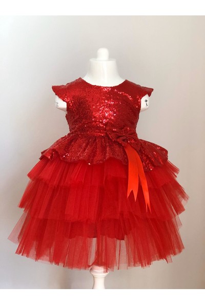 Mixie Baby Pul Payetli Tütü Etekli Kırmızı Kız Çocuk Elbisesi