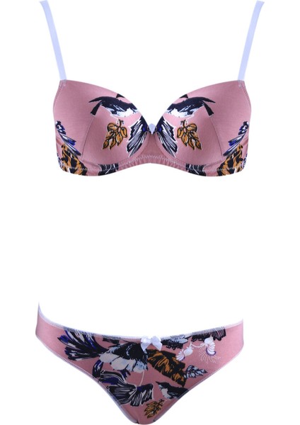 Kadın Çiçekli Viskon Push Up Destekli Sütyen Takım