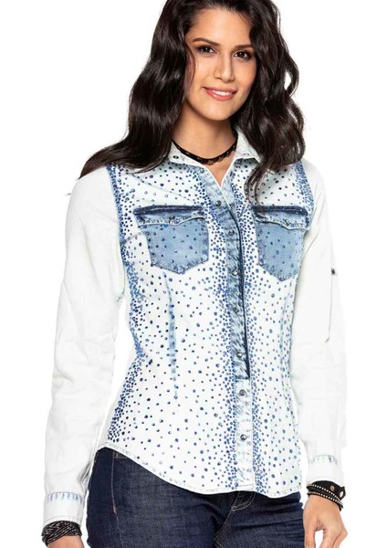 Cipo&Baxx WH116 Parlak Taşlı Vintage Mavi Yazlık Jeans Gömlek