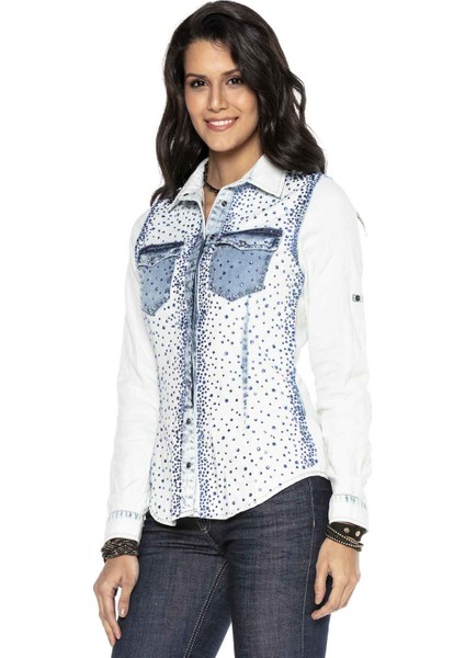 Cipo&Baxx WH116 Parlak Taşlı Vintage Mavi Yazlık Jeans Gömlek