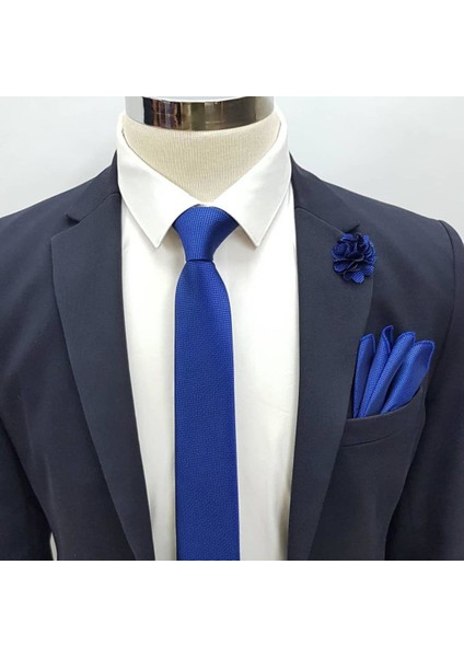 Saks Mavi Kravat Mendil Yaka Çiçeği Set Kmd-3
