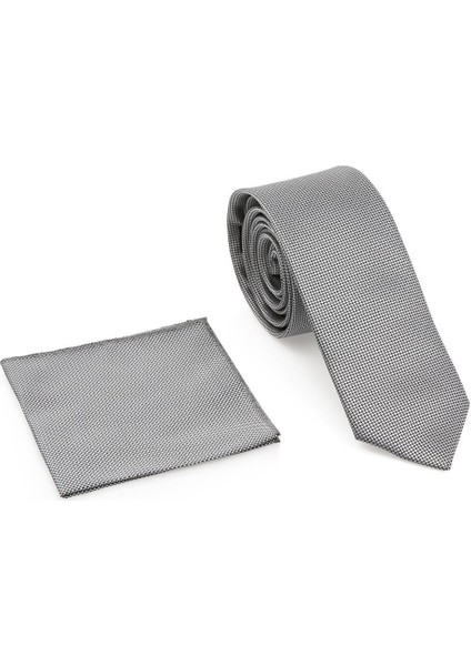 Gri Oxford Model Mendilli Slim Kravat-Brianze