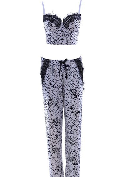 Leoparlı Push Up Büstiyer Pantolon Sabahlık Üçl'ü Takım Siyah Ekru