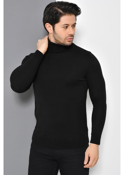 Tena Moda Erkek Siyah Tam Balıkçı Yaka Basic Triko Kazak