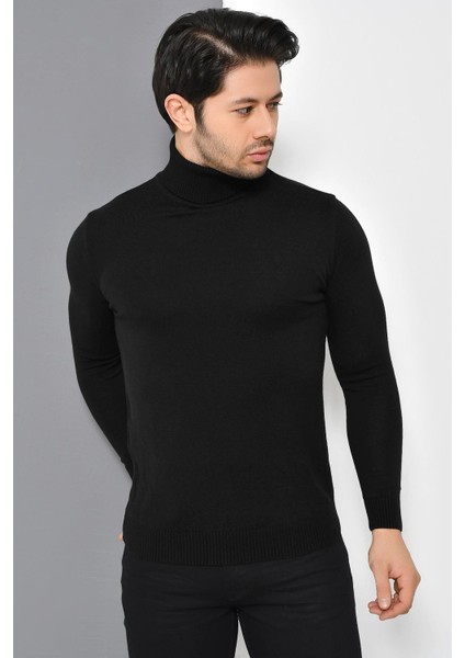 Tena Moda Erkek Siyah Tam Balıkçı Yaka Basic Triko Kazak