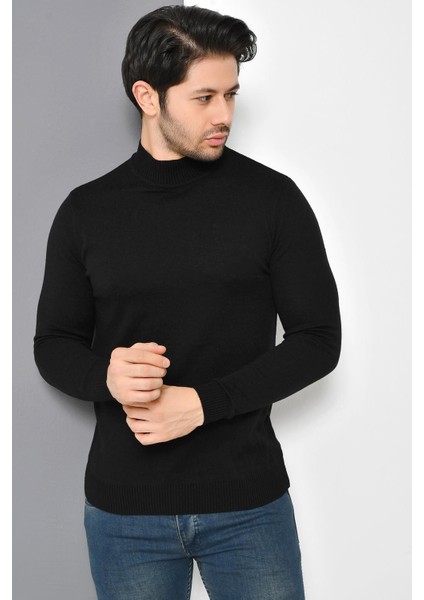 Tena Moda Erkek Siyah Yarım Balıkçı Yaka Basic Triko Kazak
