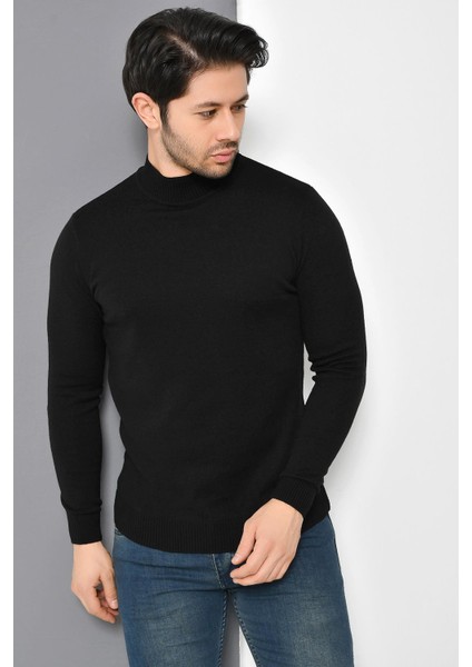 Tena Moda Erkek Siyah Yarım Balıkçı Yaka Basic Triko Kazak