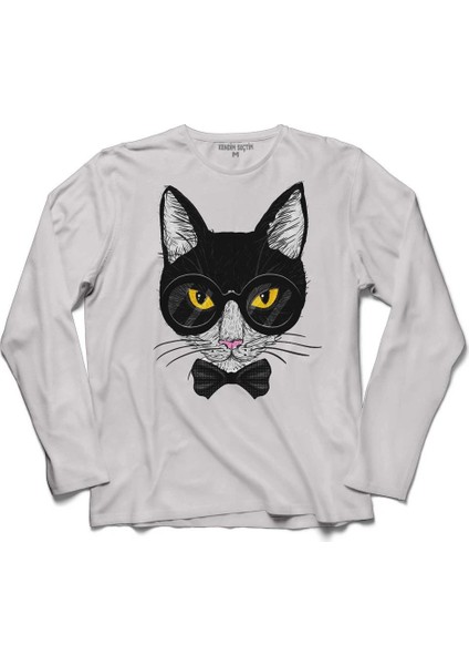 Hıpster Cat Hipstır Kedi Wıth Glasses Gözlük 3 Uzun Kollu Sweatshirt