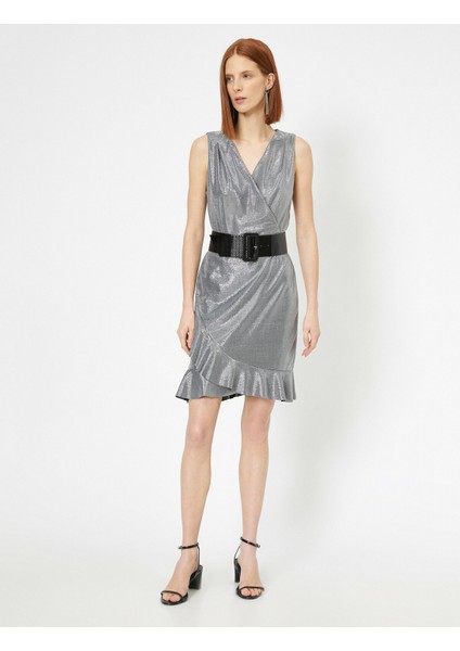 Simli Abiye Elbise Kruvaze Volanlı Kolsuz Mini fiyatları