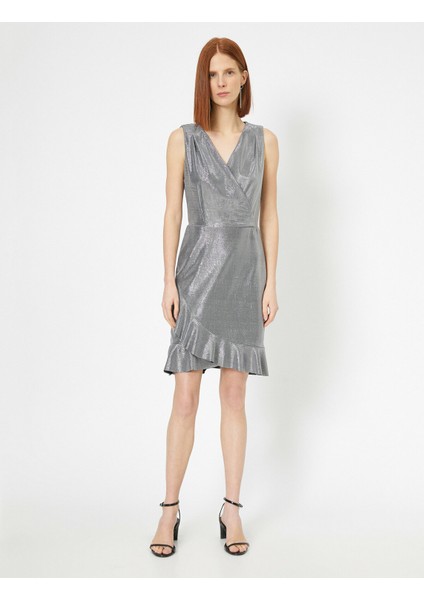 Simli Abiye Elbise Kruvaze Volanlı Kolsuz Mini modelleri