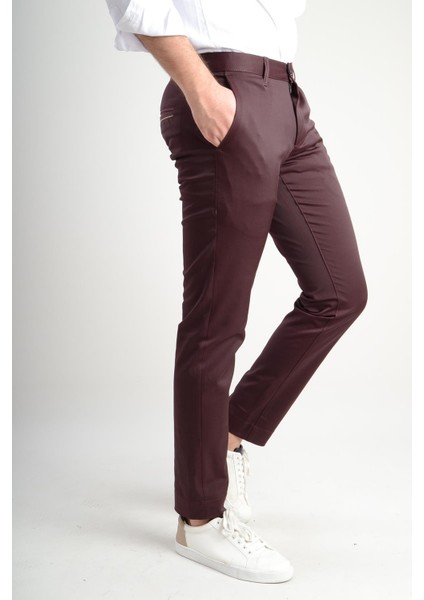 Slim Fit Yandan Cep Bordo Erkek Pantolon Bolu