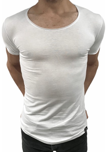 ByBülent Erkek Oval Yaka Tişört Açık Yaka Likralı Slim Fit T-Shirt Beyaz VR013