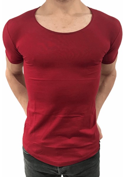 ByBülent Erkek Oval Yaka Tişört Açık Yaka Likralı Slim Fit T-Shirt Bordo VR014