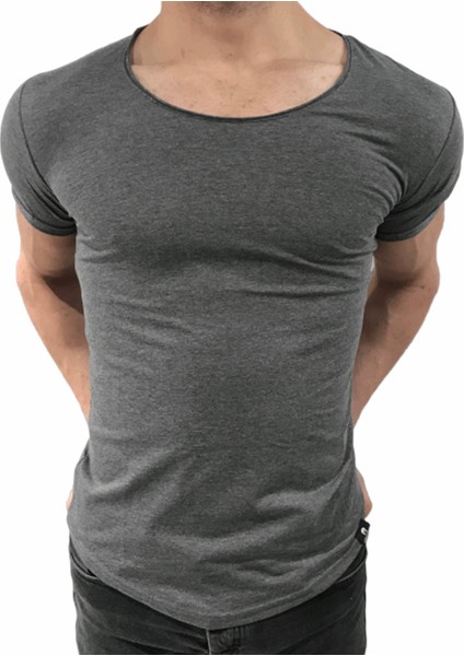 ByBülent Erkek Oval Yaka Tişört Açık Yaka Likralı Slim Fit T-Shirt Gri VR006