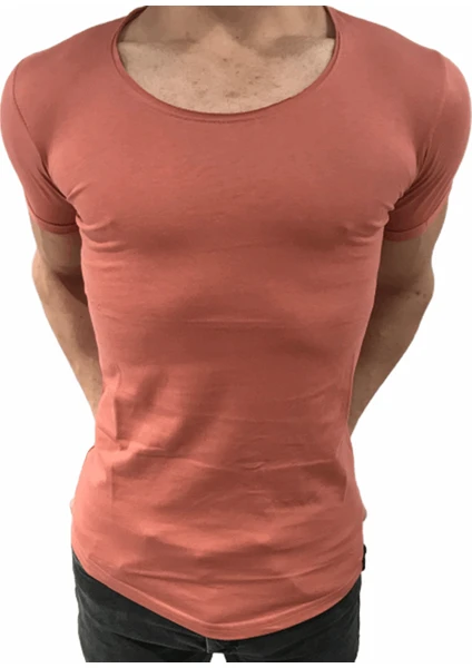 ByBülent Erkek Oval Yaka Tişört Açık Yaka Likralı Slim Fit T-Shirt Pudra VR047