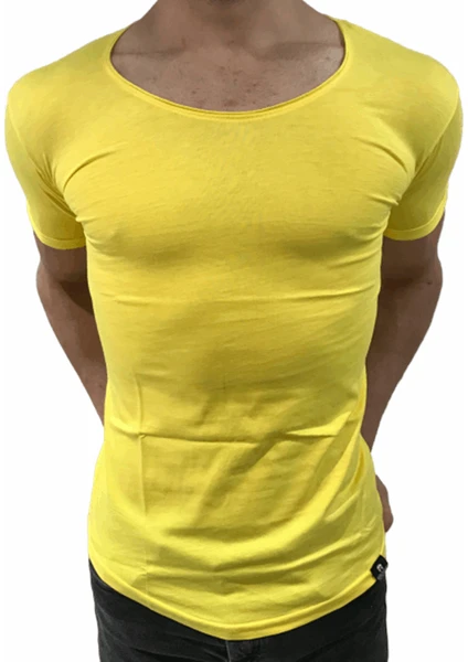 ByBülent Erkek Oval Yaka Tişört Açık Yaka Likralı Slim Fit T-Shirt Sarı VR044