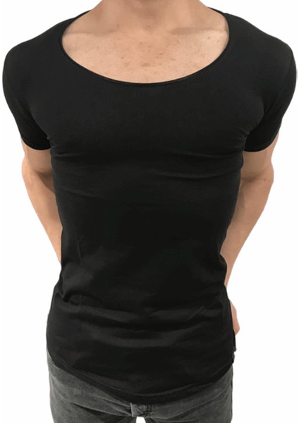 ByBülent Erkek Oval Yaka Tişört Açık Yaka Likralı Slim Fit T-Shirt Siyah VR046