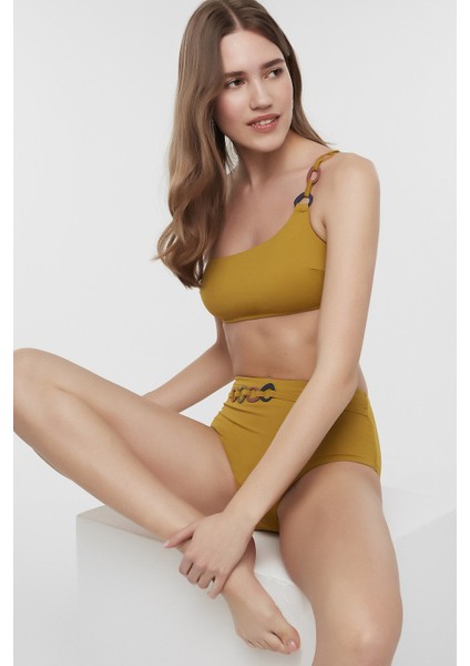 Yağ Yeşili Circle Tek Omuz Bikini Üstü