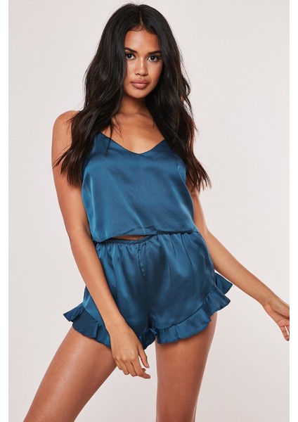 Saten Şortlu Pijama Takım Mavi