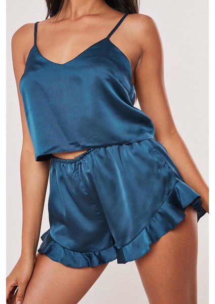 Saten Şortlu Pijama Takım Mavi modelleri