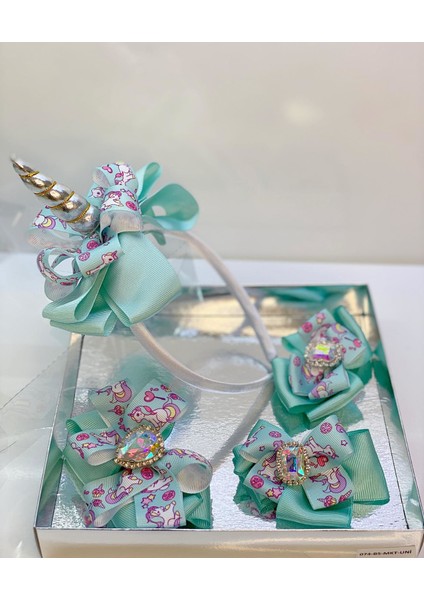 Mint 4'lü Kristal Taşlı Unicornlu Anne Kız Bebek Kombin Taç Toka Seti