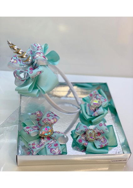 Mint 4'lü Kristal Taşlı Unicornlu Anne Kız Bebek Kombin Taç Toka Seti modelleri