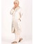 Kanaviçe Hac ve Umre Kıyafeti Kadın Jakarlı Geniş Model Önü Oval Pantolonlu Takım Krem