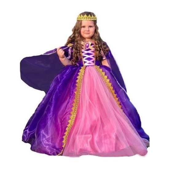MashoKids Pelerinli Taçlı Tarlatanlı Rapunzel Kostümü