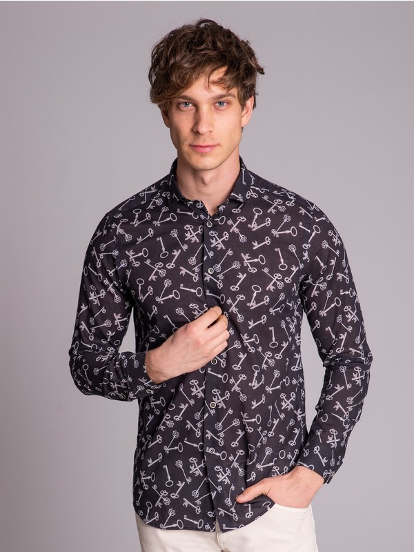 Slim Fit Siyah Penye Spor Erkek Gomlek Tudors
