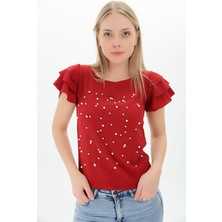 Miss Lusi 9103841 Kobe Kolu Fırfırlı Önü Inci Taşlı Kısa Kol Bluz Bordo S