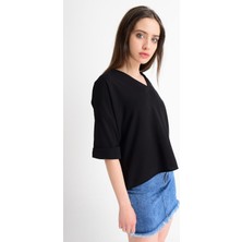 Miss Lusi 9182879 Kobe Yaka Bindirmeli Capri Kol Bluz Siyah S