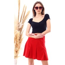 Miss Lusi 9474746 Kadife Parçalı Lastikli Kısa Etek Kırmızı S - M