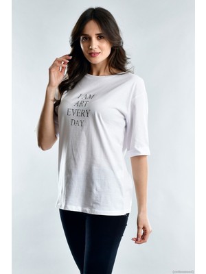 Miss Lusi 20021916 Süprem I Am Art Taş Baskılı Kısa Kol T-Shirt Beyaz M