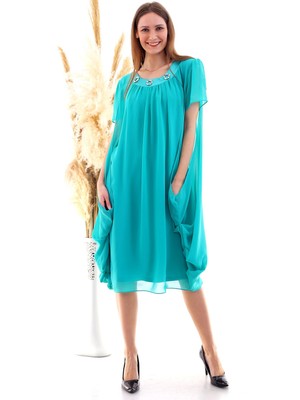Cotton Mood 20050518 Şifon Yaka Taşlı Salash Cepli Elbise Mınt Yesılı