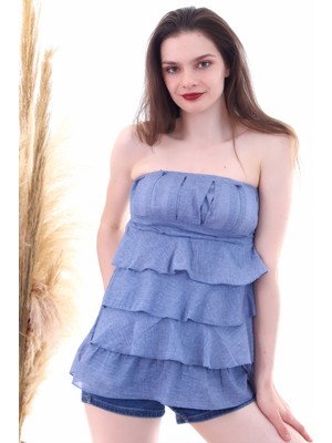 Cotton Mood 20053022 Straplez Nervürlü Eteği Kat Kat Fırfırlı Bluz Indıgo