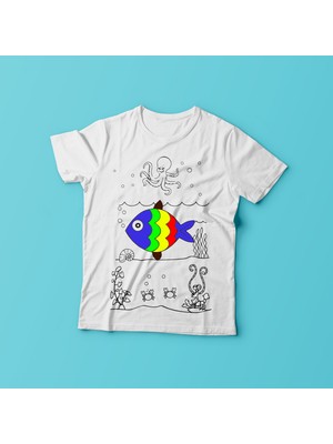 T-Moni Design Boyanabilir Balık Desenli Kız Çocuk Tişörtü