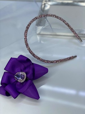 Queen Accessories Mor Çiçek Broşlu Luxury Anne Kız Çocuk Hediye Kına Düğün Tak Çıkar Taç