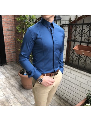 Terzi Adem İtalyan Kesim Slim Fit Erkek Saten Lacivert Zincirli Gömlek T4098