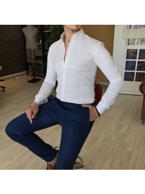 Terzi Adem İtalyan Stil Slim Fit Dik Yaka Saten Erkek Gömlek Beyaz T4754