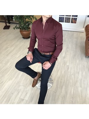 Terzi Adem İtalyan Stil Slim Fit Dik Yaka Saten Erkek Gömlek Bordo T4742