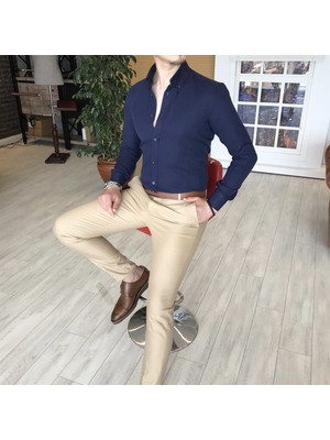 Terzi Adem İtalyan Stil Slim Fit Dik Yaka Saten Erkek Gömlek Koyu Lacivert T4740