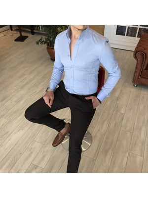 Terzi Adem İtalyan Stil Slim Fit Dik Yaka Saten Erkek Gömlek Mavi T4750